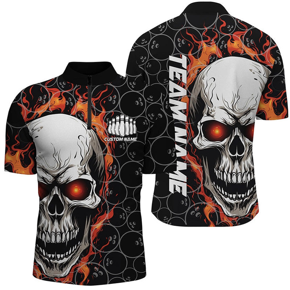 Custom Bowling Polo Shirts, Personalized Skull Bowling Shirt For Men Custom Team'S Name Flame Bowler Jerseys Red