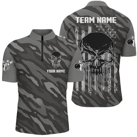 Custom Bowling Polo Shirts, Personalized Skull Bowling Shirt Zip Bowling Jerseys For Men Camo Camourflage Bowling Shirt Unisex