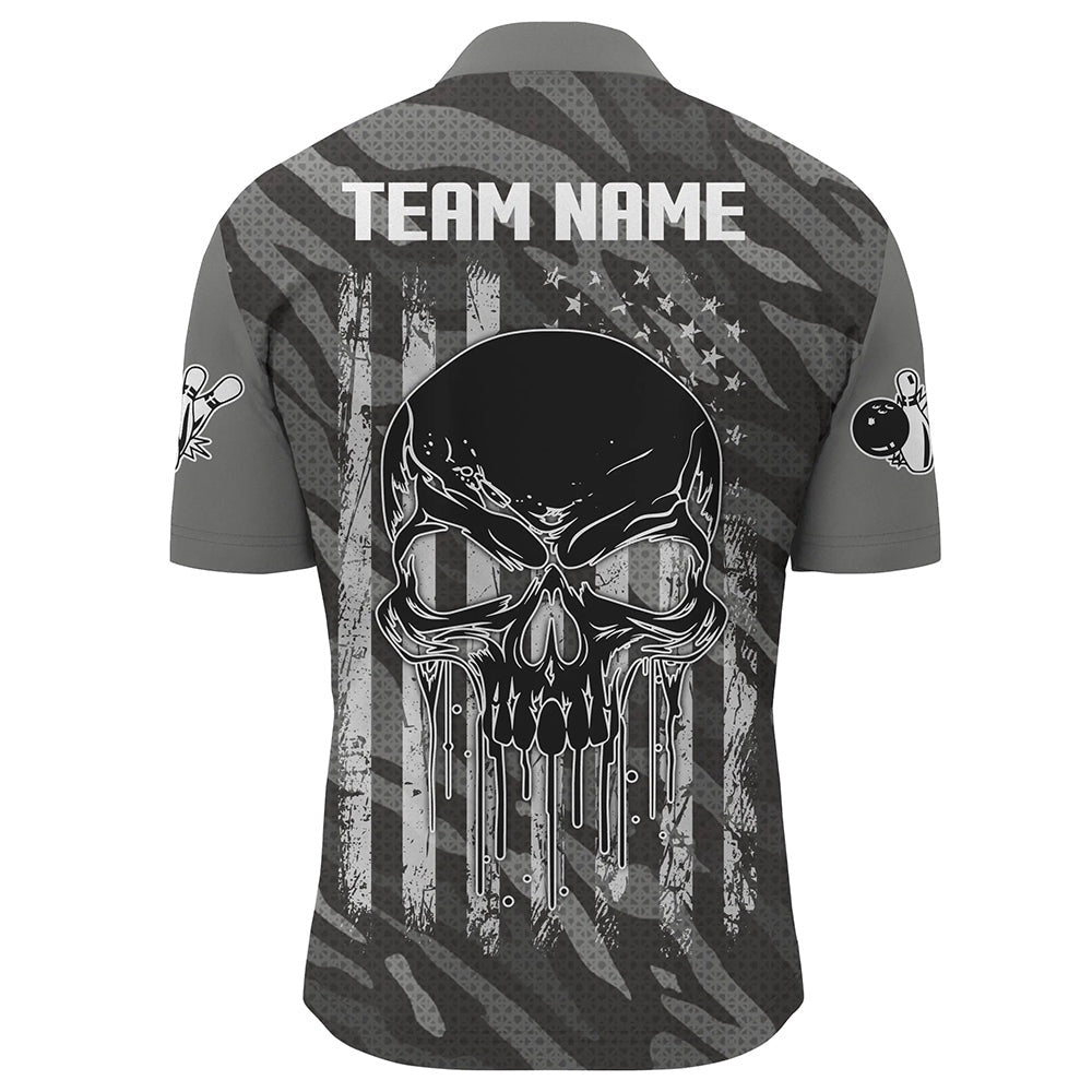 Custom Bowling Polo Shirts, Personalized Skull Bowling Shirt Zip Bowling Jerseys For Men Camo Camourflage Bowling Shirt Unisex