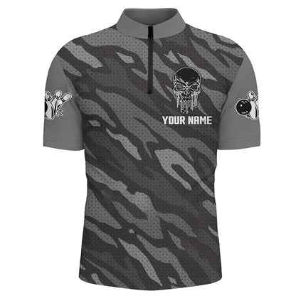 Custom Bowling Polo Shirts, Personalized Skull Bowling Shirt Zip Bowling Jerseys For Men Camo Camourflage Bowling Shirt Unisex
