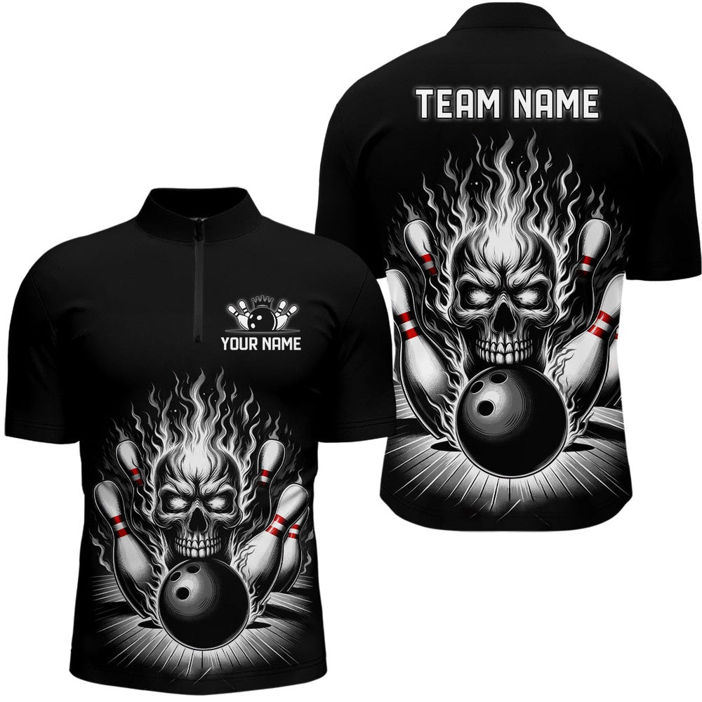 Custom Bowling Polo Shirts, Personalized Unisex Skull Bowling Shirt Custom Team'S Name Flame Bowler Jerseys Black And White