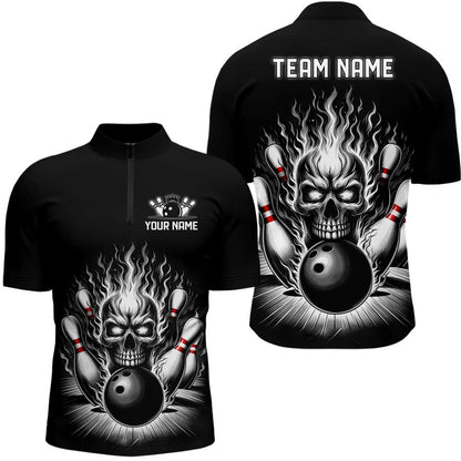 Custom Bowling Polo Shirts, Personalized Unisex Skull Bowling Shirt Custom Team'S Name Flame Bowler Jerseys Black And White