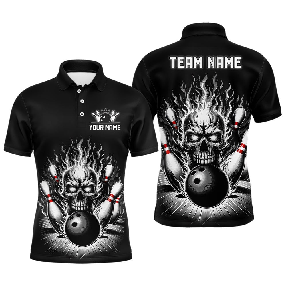 Custom Bowling Polo Shirts, Personalized Unisex Skull Bowling Shirt Custom Team'S Name Flame Bowler Jerseys Black And White