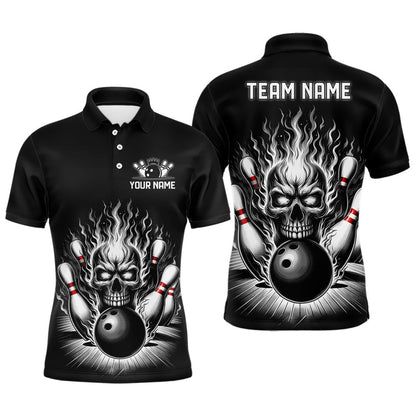 Custom Bowling Polo Shirts, Personalized Unisex Skull Bowling Shirt Custom Team'S Name Flame Bowler Jerseys Black And White