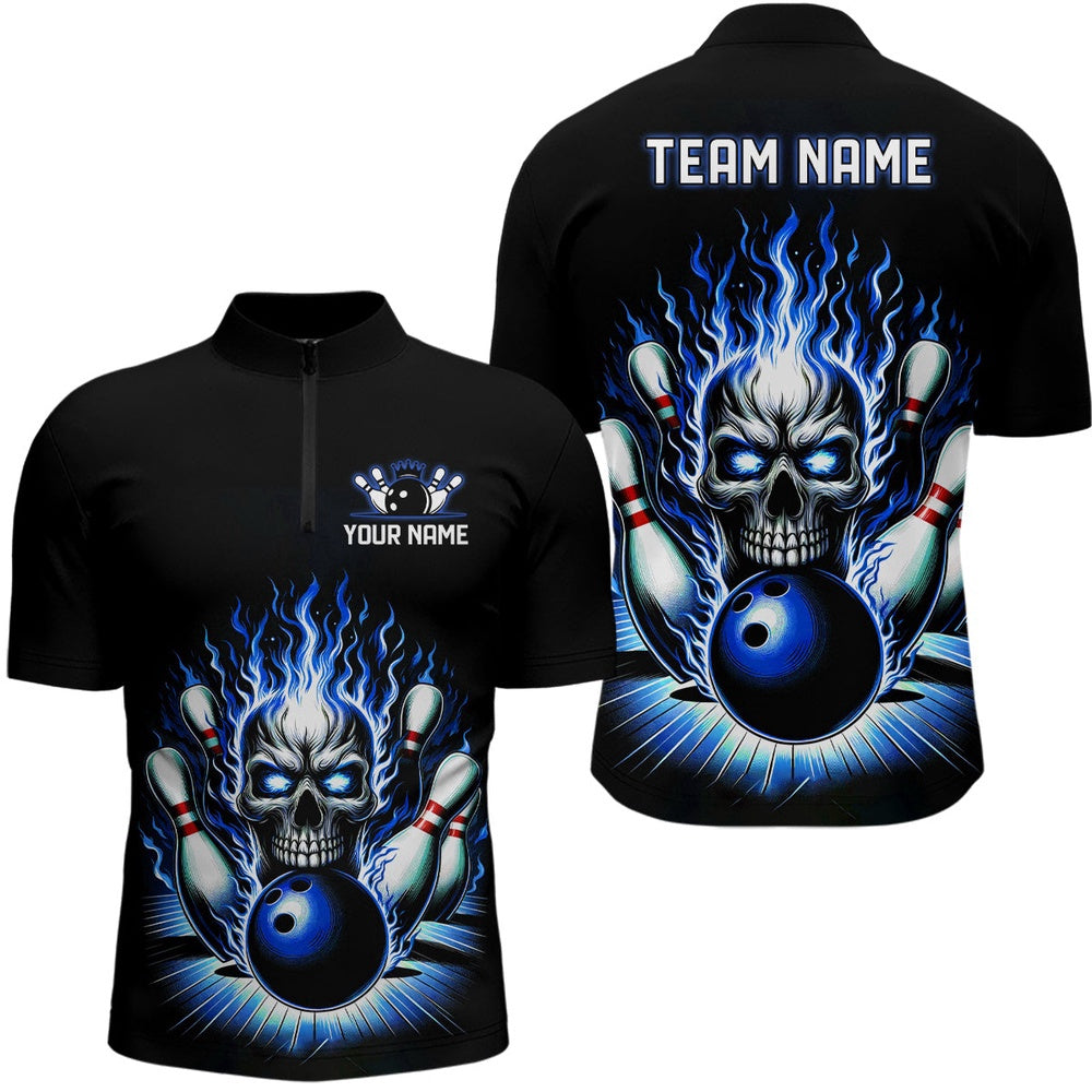 Custom Bowling Polo Shirts, Personalized Unisex Skull Bowling Shirt Custom Team'S Name Flame Bowler Jerseys Blue