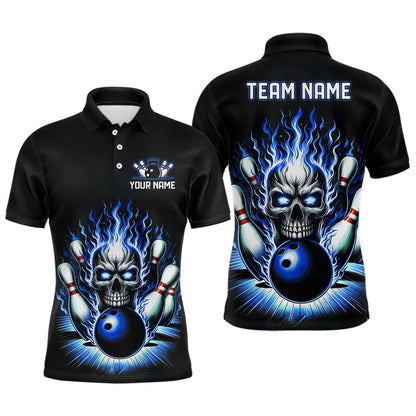 Custom Bowling Polo Shirts, Personalized Unisex Skull Bowling Shirt Custom Team'S Name Flame Bowler Jerseys Blue