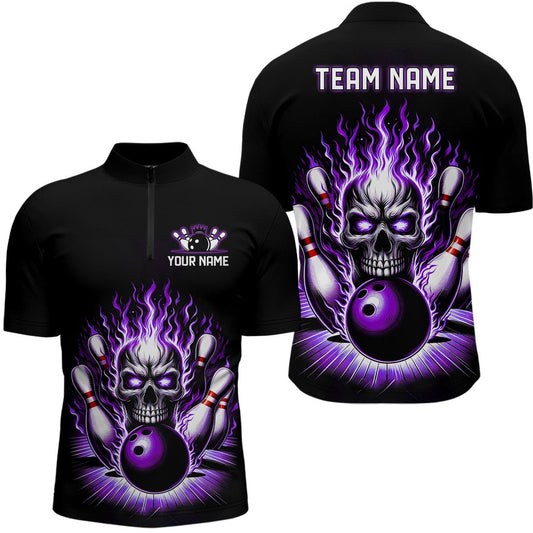 Custom Bowling Polo Shirts, Personalized Unisex Skull Bowling Shirt Custom Team'S Name Flame Bowler Jerseys Purple