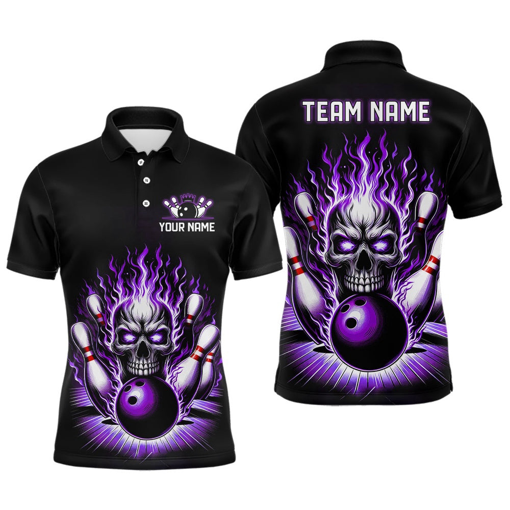 Custom Bowling Polo Shirts, Personalized Unisex Skull Bowling Shirt Custom Team'S Name Flame Bowler Jerseys Purple