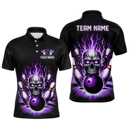Custom Bowling Polo Shirts, Personalized Unisex Skull Bowling Shirt Custom Team'S Name Flame Bowler Jerseys Purple