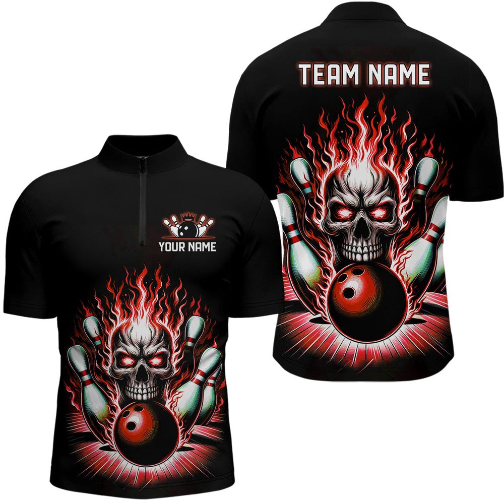 Custom Bowling Polo Shirts, Personalized Unisex Skull Bowling Shirt Custom Team'S Name Flame Bowler Jerseys Red