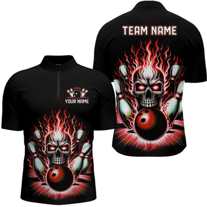 Custom Bowling Polo Shirts, Personalized Unisex Skull Bowling Shirt Custom Team'S Name Flame Bowler Jerseys Red