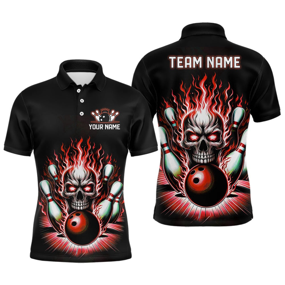 Custom Bowling Polo Shirts, Personalized Unisex Skull Bowling Shirt Custom Team'S Name Flame Bowler Jerseys Red