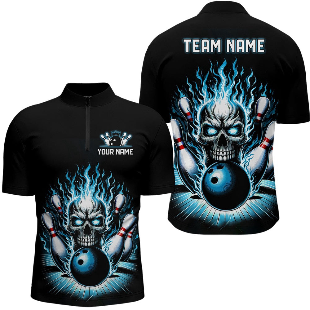 Custom Bowling Polo Shirts, Personalized Unisex Skull Bowling Shirt Custom Team'S Name Flame Bowler Jerseys Teal Blue
