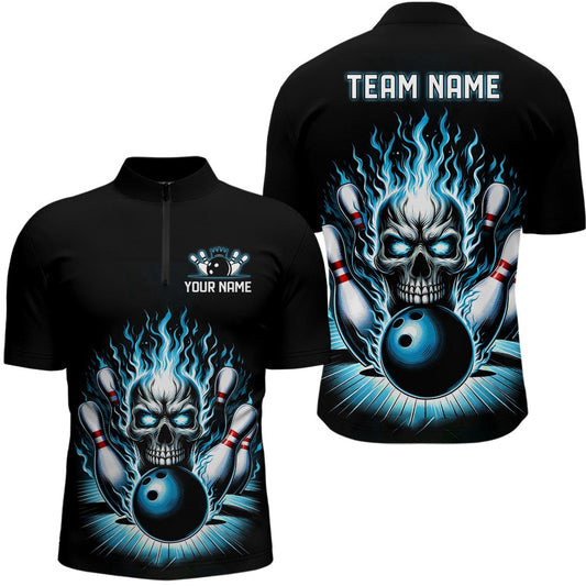 Custom Bowling Polo Shirts, Personalized Unisex Skull Bowling Shirt Custom Team'S Name Flame Bowler Jerseys Teal Blue