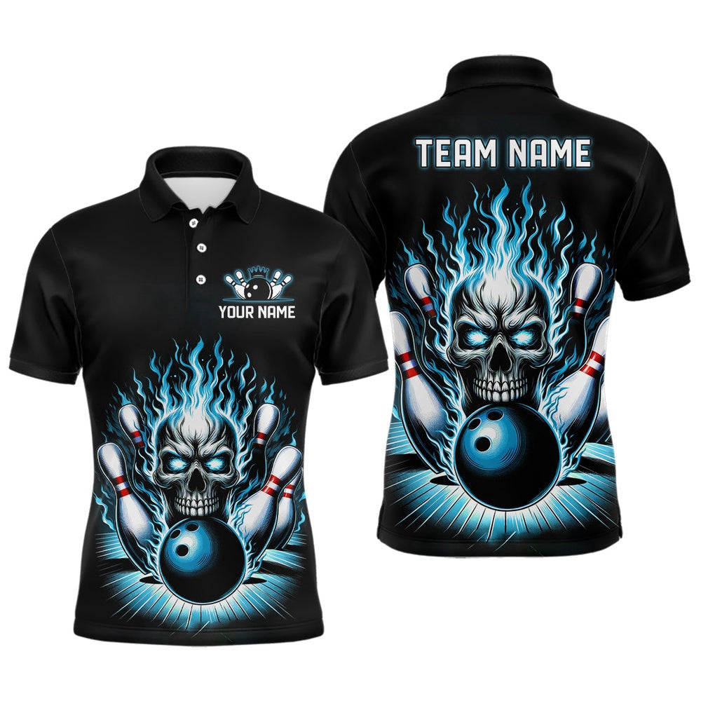 Custom Bowling Polo Shirts, Personalized Unisex Skull Bowling Shirt Custom Team'S Name Flame Bowler Jerseys Teal Blue
