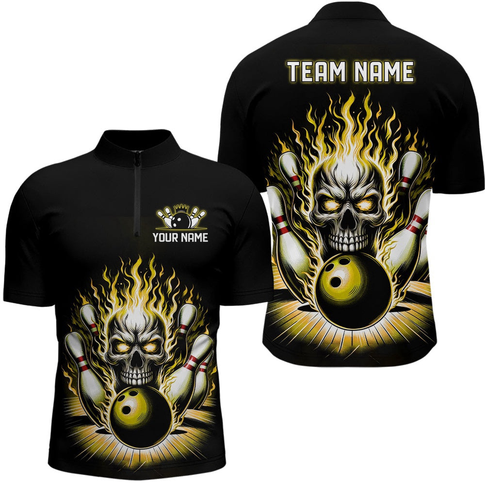 Custom Bowling Polo Shirts, Personalized Unisex Skull Bowling Shirt Custom Team'S Name Flame Bowler Jerseys Yellow