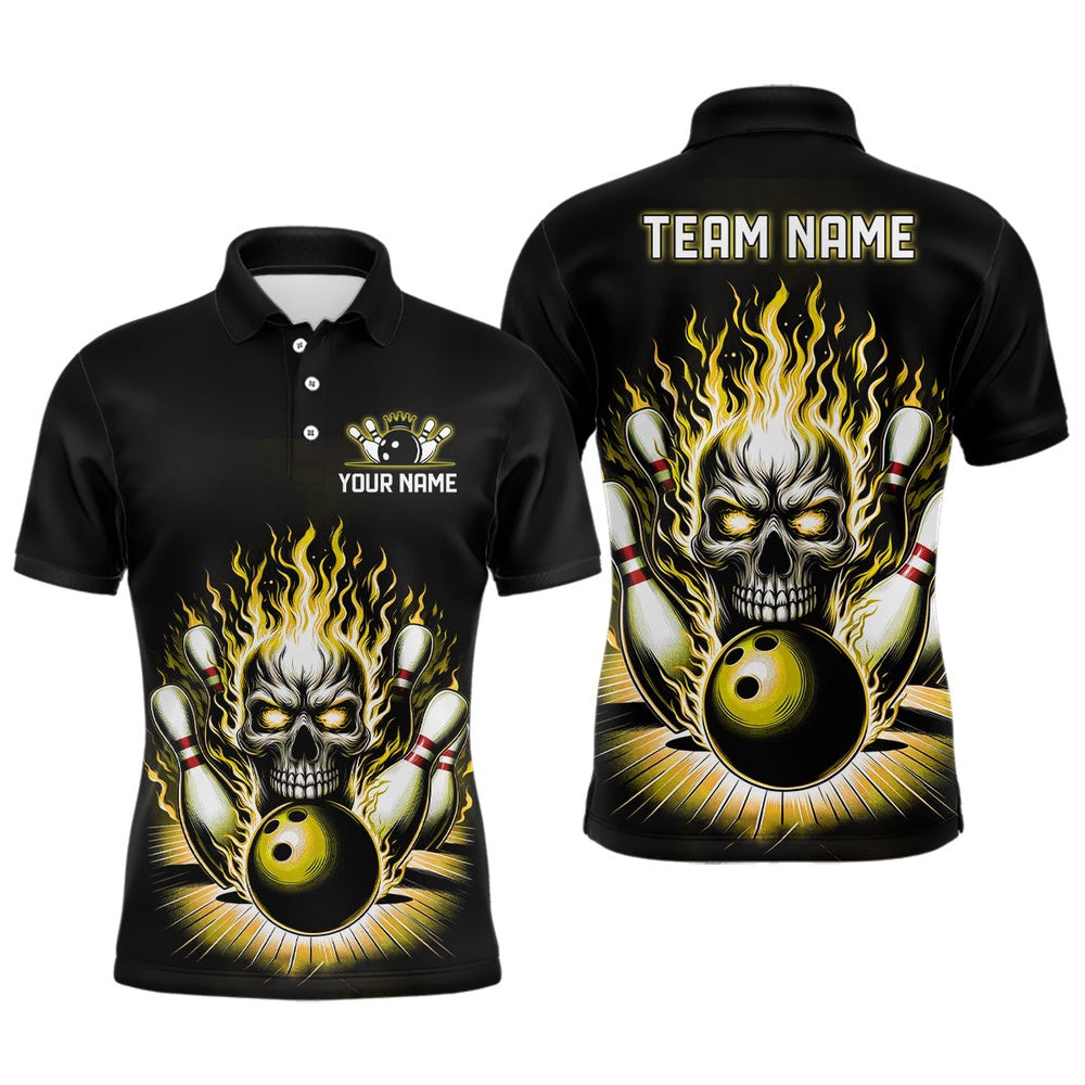 Custom Bowling Polo Shirts, Personalized Unisex Skull Bowling Shirt Custom Team'S Name Flame Bowler Jerseys Yellow