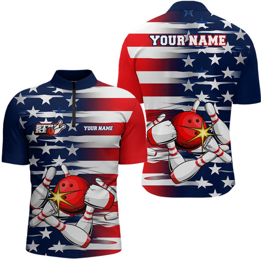 Custom Bowling Polo Shirts, Personalized Us Flag Strike Bowling Polo Team Shirts, Patriotic Mens Bowling Shirts