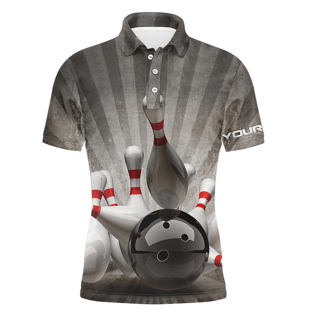 Custom Bowling Polo Shirts, Personalized Vintage Bowling Shirts Custom Name Black Men Bowling Polo Shirt Bowling Ball And Pins