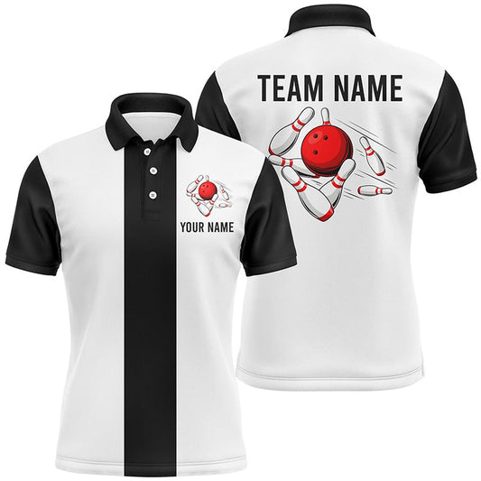Custom Bowling Polo Shirts, Personalized White And Black Retro Bowling Polo Shirts For Men Custom Vintage Bowling Team Jerseys