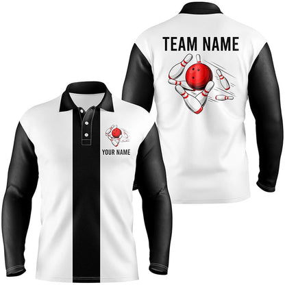 Custom Bowling Polo Shirts, Personalized White And Black Retro Bowling Polo Shirts For Men Custom Vintage Bowling Team Jerseys