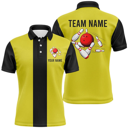 Custom Bowling Polo Shirts, Personalized Yellow Black Retro Bowling Polo Shirts For Men Custom Vintage Bowling Team Jerseys