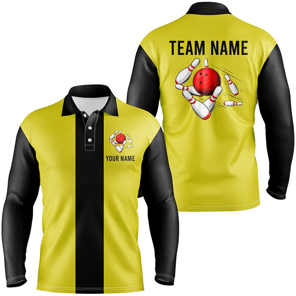 Custom Bowling Polo Shirts, Personalized Yellow Black Retro Bowling Polo Shirts For Men Custom Vintage Bowling Team Jerseys
