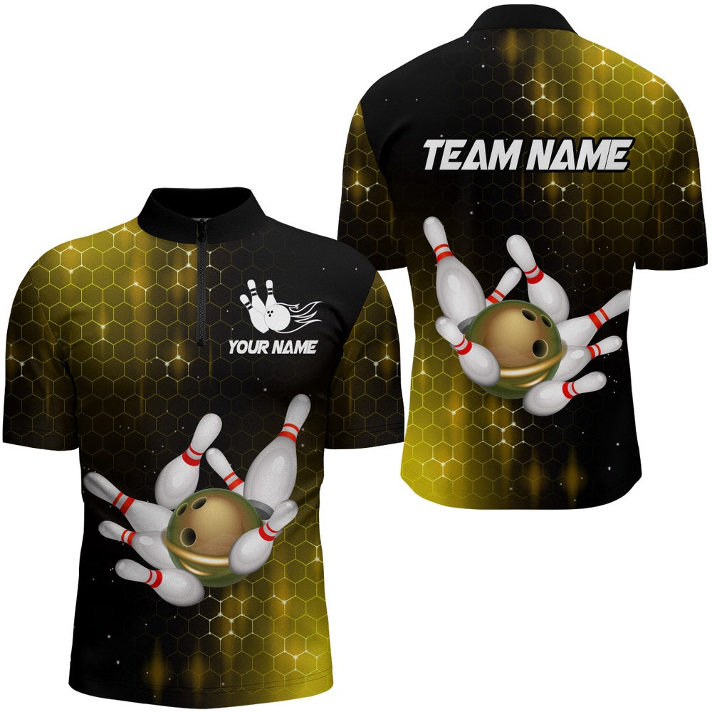 Custom Bowling Polo Shirts, Personalized Yellow Bowling Shirts Men Women Bowling Team Jersey Bowling Zip Shirt