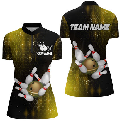 Custom Bowling Polo Shirts, Personalized Yellow Bowling Shirts Men Women Bowling Team Jersey Bowling Zip Shirt