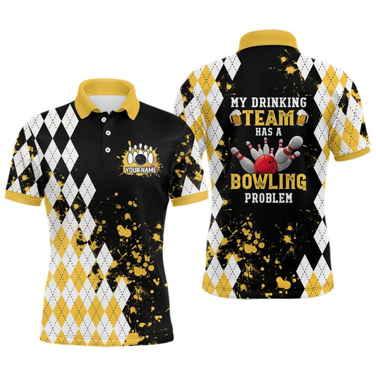 Custom Bowling Polo Shirts, Personalized Yellow Retro Bowling Polo Shirts For Men Custom My Drinking Team Has A Bowling Problem