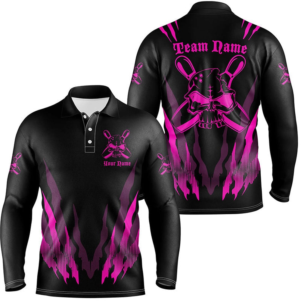 Custom Bowling Polo Shirts, Pink And Black Custom Long Sleeve Bowling Shirts For Men, Skull Bowling Polo Shirt Bowling Uniform