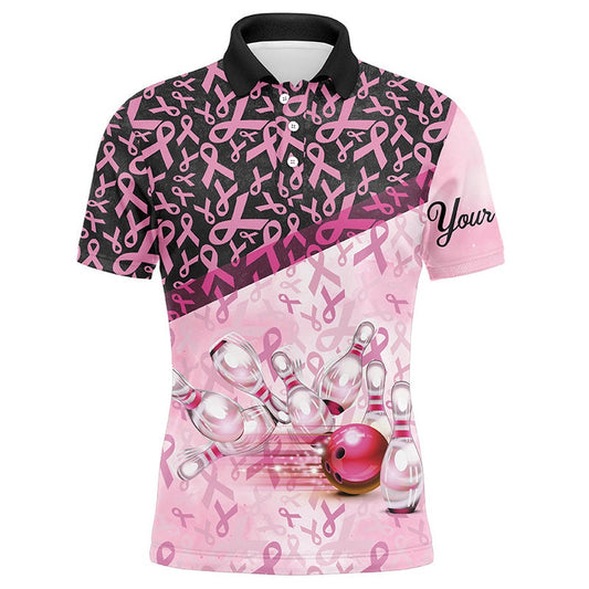 Custom Bowling Polo Shirts, Pink And Black Ribbon Pattern Bowling Shirt For Men Custom Breast Cancer Awareness Bowling Jerseys