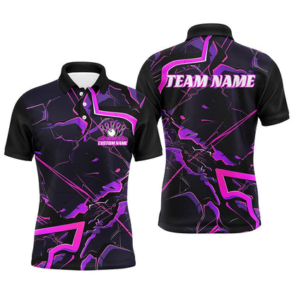 Custom Bowling Polo Shirts, Pink And Purple Custom Bowling Team Shirts For Men And Women, Bowling Tournament Outfits