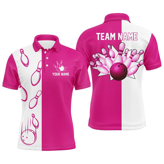 Custom Bowling Polo Shirts, Pink And White Retro Vintage Bowling Polo Shirts For Men Custom Bowling Team Jerseys