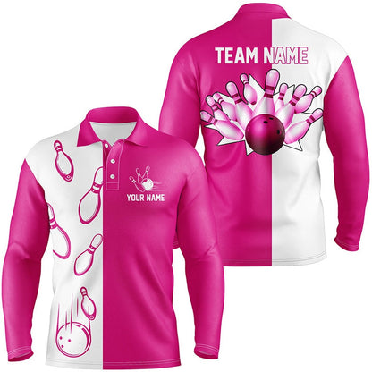 Custom Bowling Polo Shirts, Pink And White Retro Vintage Bowling Polo Shirts For Men Custom Bowling Team Jerseys