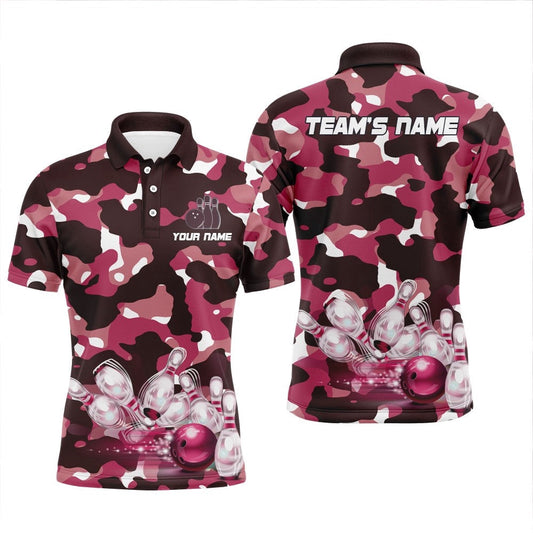 Custom Bowling Polo Shirts, Pink Camo Bowling Shirts For Men Custom Bowling Polo Shirt Team Bowling Jerseys
