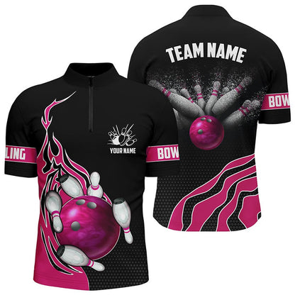 Custom Bowling Polo Shirts, Pink Flame Bowling Polo Shirts For Men Bowling Ball, Custom Bowling Team Jerseys Bowler Outfits