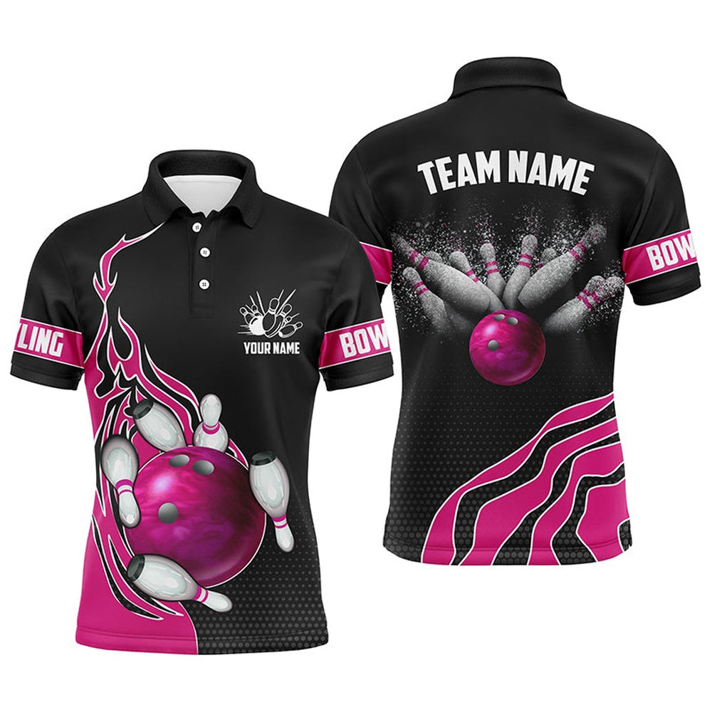 Custom Bowling Polo Shirts, Pink Flame Bowling Polo Shirts For Men Bowling Ball, Custom Bowling Team Jerseys Bowler Outfits