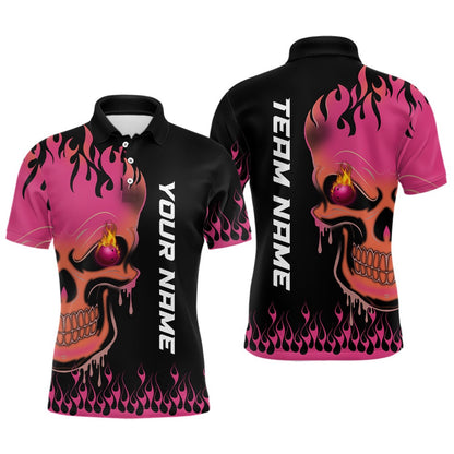 Custom Bowling Polo Shirts, Pink Flame Bowling Skull Custom Men Polo Bowling Shirt, Team League Jersey Gift For Bowlers