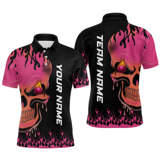 Custom Bowling Polo Shirts, Pink Flame Bowling Skull Custom Men Polo Bowling Shirt, Team League Jersey Gift For Bowlers