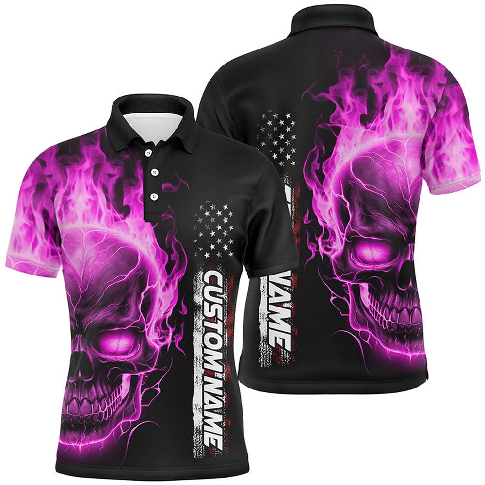 Custom Bowling Polo Shirts, Pink Flame Skull Custom Bowling Polo Shirts For Men And Women, American Bowling Team Jerseys