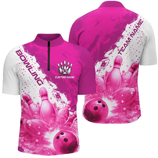Custom Bowling Polo Shirts, Pink Flame Strike Bowling Custom Team Shirts For Men And Women, Bowler Outfit Bowling Team Jersey