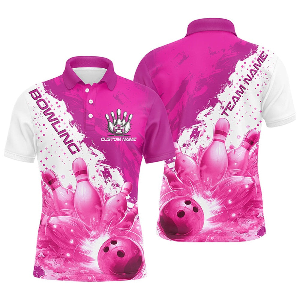 Custom Bowling Polo Shirts, Pink Flame Strike Bowling Custom Team Shirts For Men And Women, Bowler Outfit Bowling Team Jersey