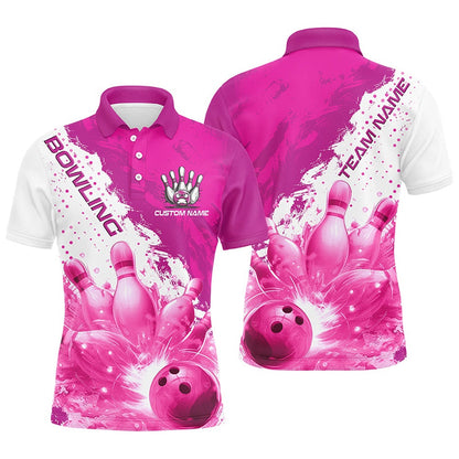 Custom Bowling Polo Shirts, Pink Flame Strike Bowling Custom Team Shirts For Men And Women, Bowler Outfit Bowling Team Jersey