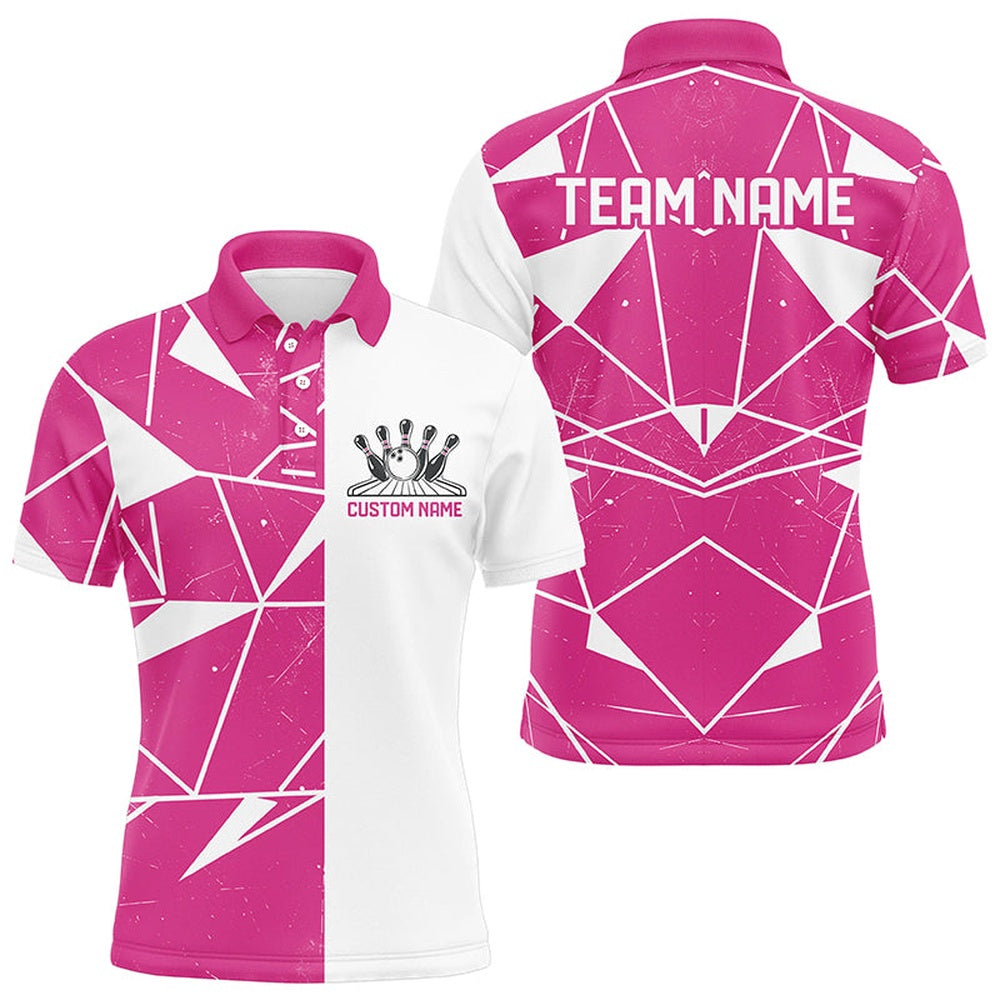 Custom Bowling Polo Shirts, Pink Geometric Custom Unisex Bowling Team Shirts, Bowling Jerseys For Bowlers