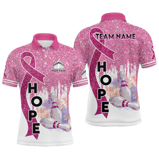 Custom Bowling Polo Shirts, Pink Glitter Ribbon Breast Cancer Awareness Bowling Jerseys Custom Team Bowling Polo Shirt For Men