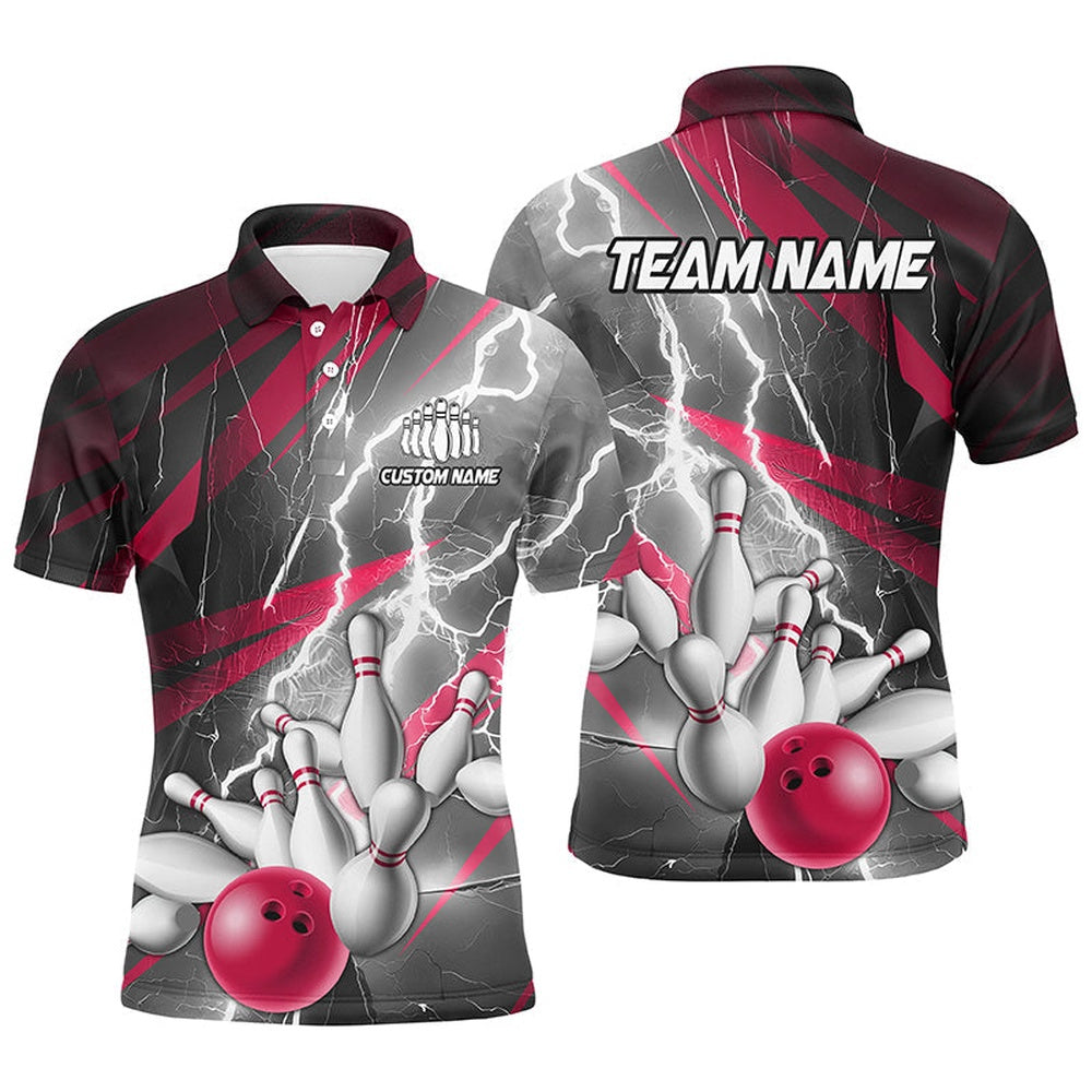 Custom Bowling Polo Shirts, Pink Lightning Strike Custom Bowling Polo Shirts For Men, Team Bowling Shirts Bowler Outfit
