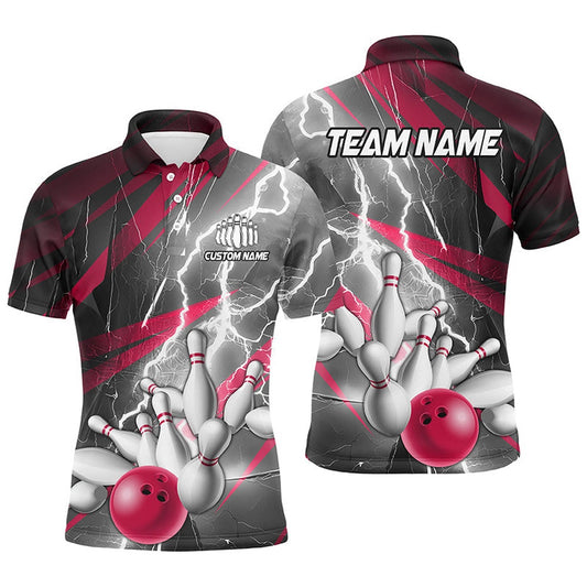 Custom Bowling Polo Shirts, Pink Lightning Strike Custom Bowling Polo Shirts For Men, Team Bowling Shirts Bowler Outfit