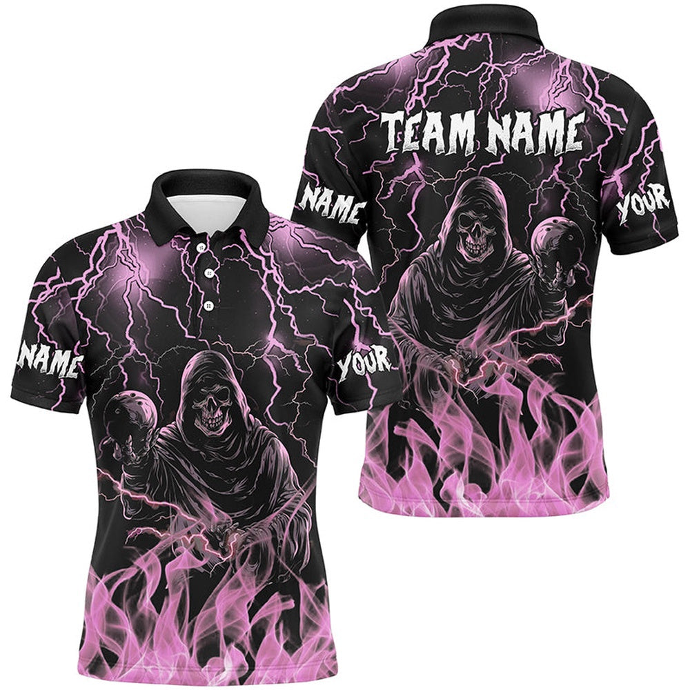 Custom Bowling Polo Shirts, Pink Lightning Thunder Skull Flame Bowling Shirts For Men Custom Bowling Team League Jerseys