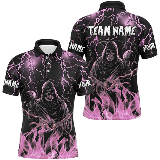 Custom Bowling Polo Shirts, Pink Lightning Thunder Skull Flame Bowling Shirts For Men Custom Bowling Team League Jerseys